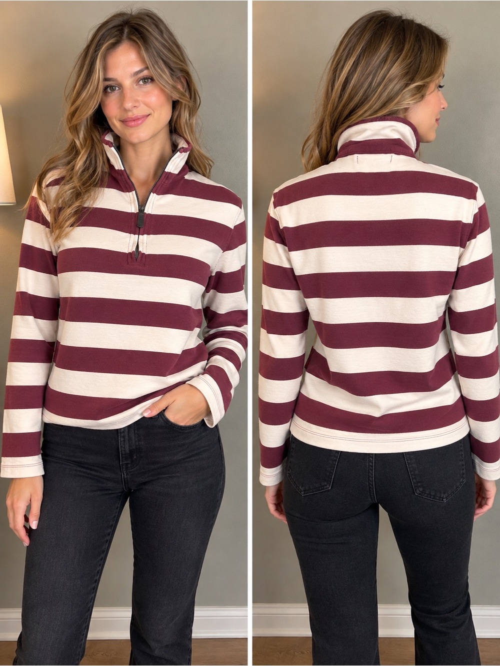 J.Crew Mercantile Striped Half Zip
Pullover Burgundy Cream XS